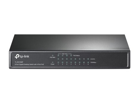 TP-LINK 8-Port Gigabit Desktop Switch with  4-Port PoE  PORT: 4x Gigabit PoE Ports,  4x Gigabit Non-PoE Ports SPEC: 802.3af,  55 W PoE Power,  Desktop Steel Case FEATURE: Plug and Play (TL-SG1008P)