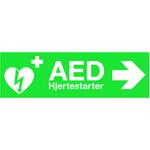 Skilt, grøn, plast, med tekst: AED hjertestarter *Denne vare tages ikke retur*