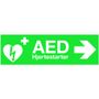 _ Skilt, grøn, plast, med tekst: AED hjertestarter *Denne vare tages ikke retur*