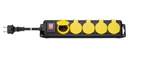 GOOBAY Five-way splash-proof socket extension cable, black-yellow,  3 m - suitable for outdoor use (45194)
