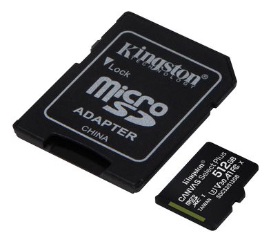 KINGSTON Canvas Select Plus - Flash memory card (microSDXC to SD adapter included) - 512 GB - A1 / Video Class V30 / UHS Class 3 / Class10 - microSDXC UHS-I (SDCS2/512GB)