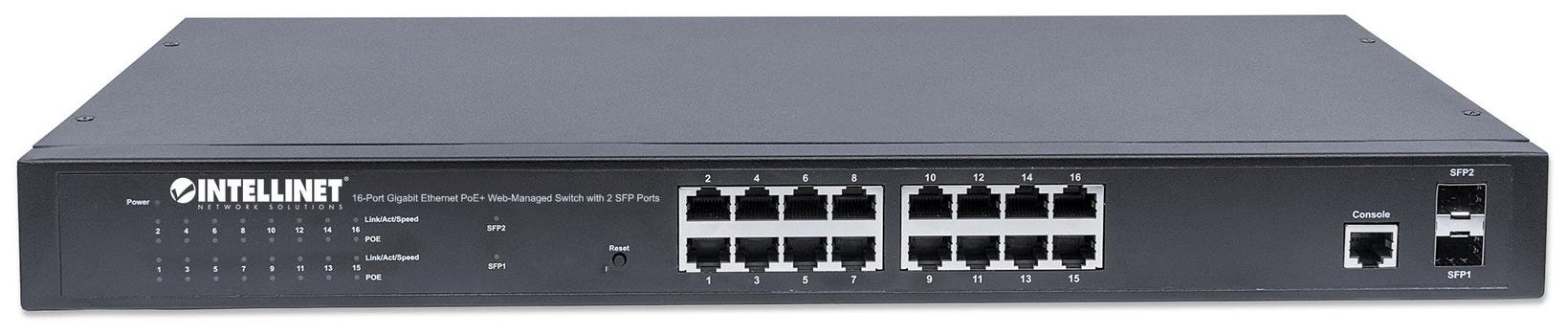 INTELLINET Gigabit Switch 16x 10/ 100/ 1000 Mbps RJ45 PoE/PoE+ 220W 2x SFP managed (561341)