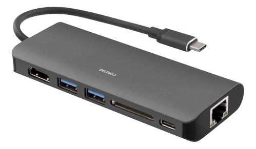 DELTACO USB-C docking station with HDMI, RJ45, 2xUSB A, USB-C PD, black (AD-WH-2911-280)