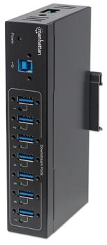 MANHATTAN 7-Port Industrial USB 3.0 Hub, Seven USB 3.0 Type-A Ports, 20 kV ESD Protection,  A/C, Bus and Terminal-Block Power Options, DIN Rail, Wall Mountable,  Metal Housing, Screw-Lock Security (164405)