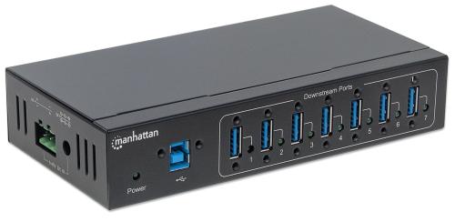 MANHATTAN 7-Port Industrial USB 3.0 Hub, Seven USB 3.0 Type-A Ports, 20 kV ESD Protection,  A/C, Bus and Terminal-Block Power Options, DIN Rail, Wall Mountable,  Metal Housing, Screw-Lock Security (164405)