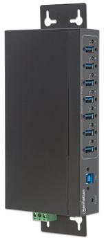 MANHATTAN 7-Port Industrial USB 3.0 Hub, Seven USB 3.0 Type-A Ports, 20 kV ESD Protection,  A/C, Bus and Terminal-Block Power Options, DIN Rail, Wall Mountable,  Metal Housing, Screw-Lock Security (164405)