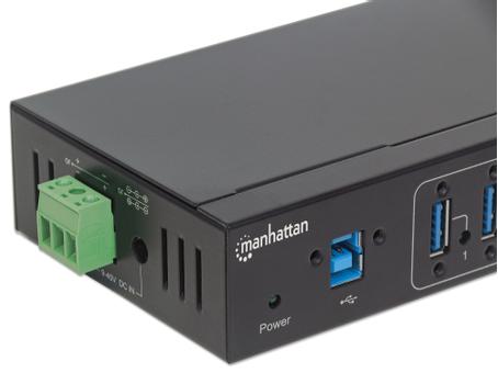 MANHATTAN 7-Port Industrial USB 3.0 Hub, Seven USB 3.0 Type-A Ports, 20 kV ESD Protection,  A/C, Bus and Terminal-Block Power Options, DIN Rail, Wall Mountable,  Metal Housing, Screw-Lock Security (164405)