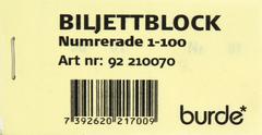 BURDE Biljettblock 1-100 gul