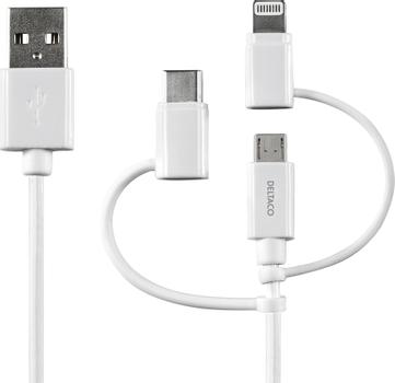 DELTACO USB C/Micro USB/ Lightning-sync/ -charge cable, MFi, 1m, white (IPLH-179)
